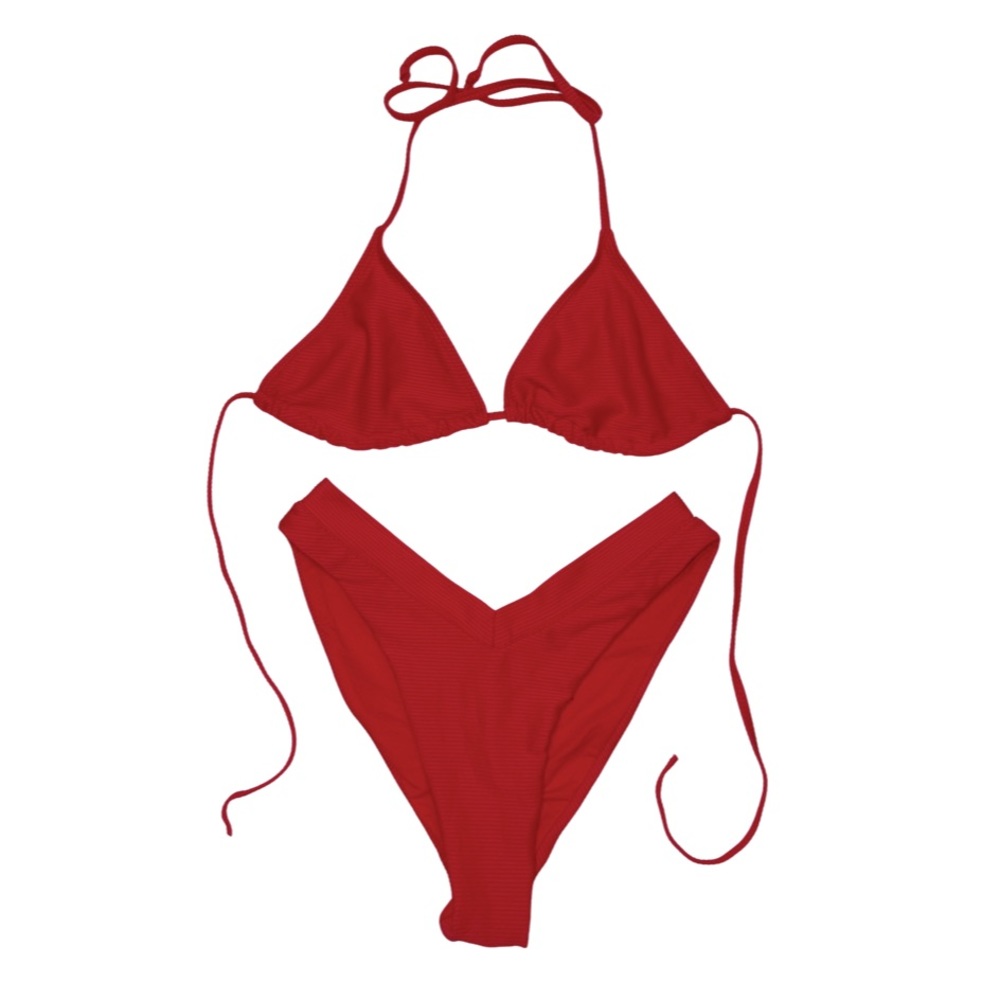 Cheeky Red Ribbed Bikini with Triangle Top ((LIKE-NEW))